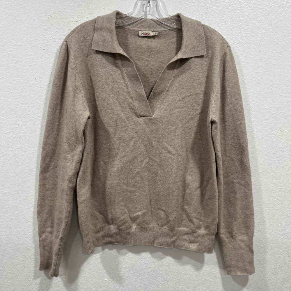 Faherty Jackson‎ Sweater Polo Womens Medium M Oatmeal Beige Collared V Neck Prep